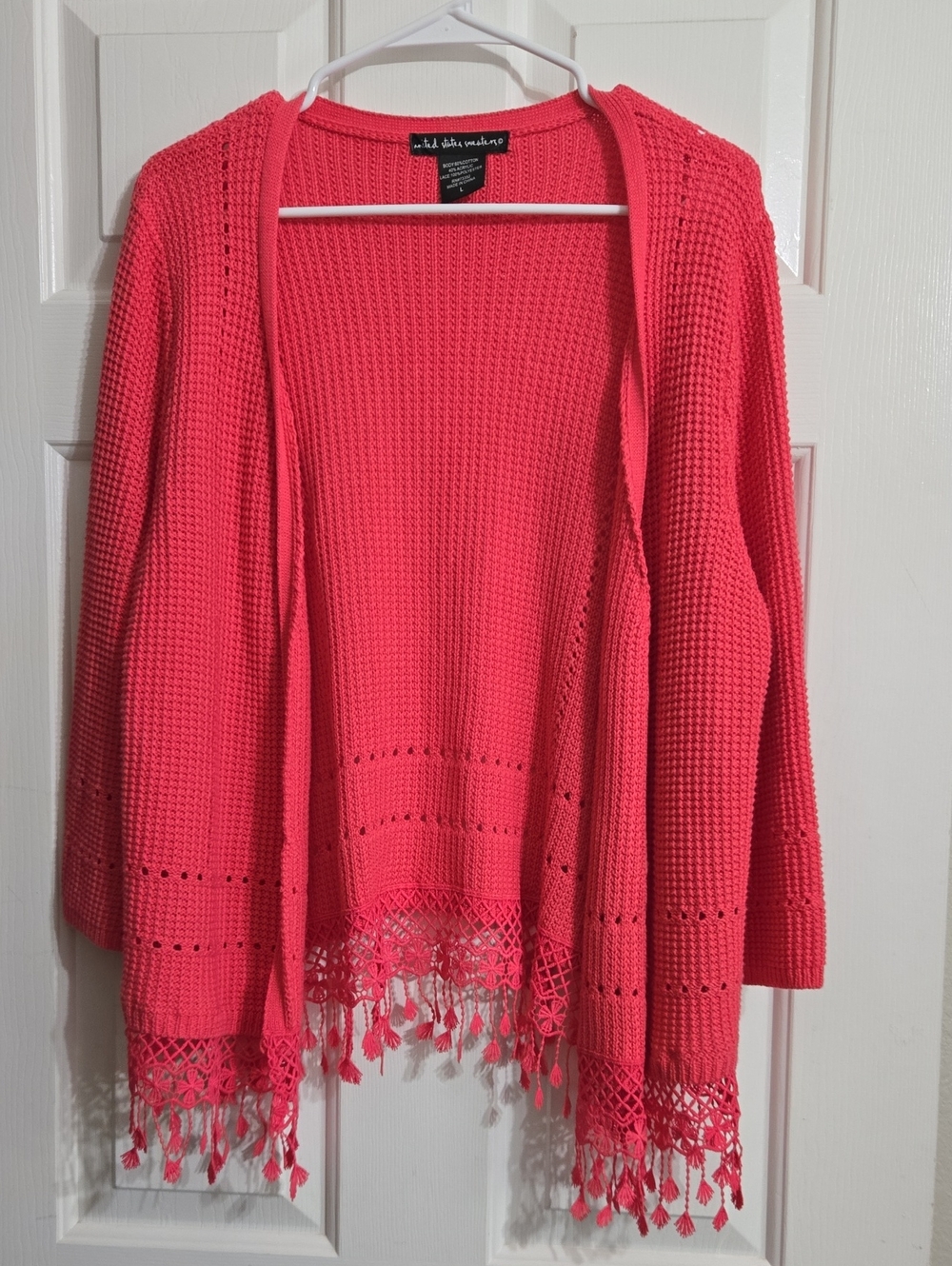 united states sweaters Coral Pink Crochet-Trim Open Cardigan